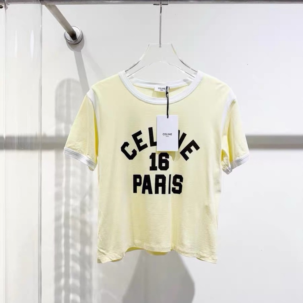 authentic Celine Paris 16 Yellow Logo Ringer Tee